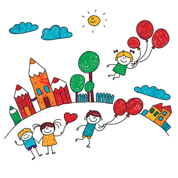 illustrazioni stock, clip art, cartoni animati e icone di tendenza di illustrazione vettoriale di bambini felici. - sun sky child balloon