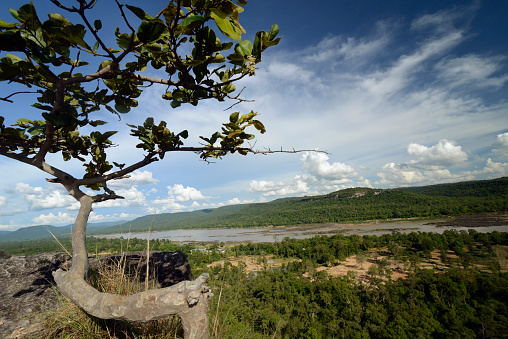 The landscape with a view of the Mekong River from the Pha Taem National Park near Khong Chiam in the surroundings of Ubon Ratchathani in the northeast of Thailand in South East Asia.