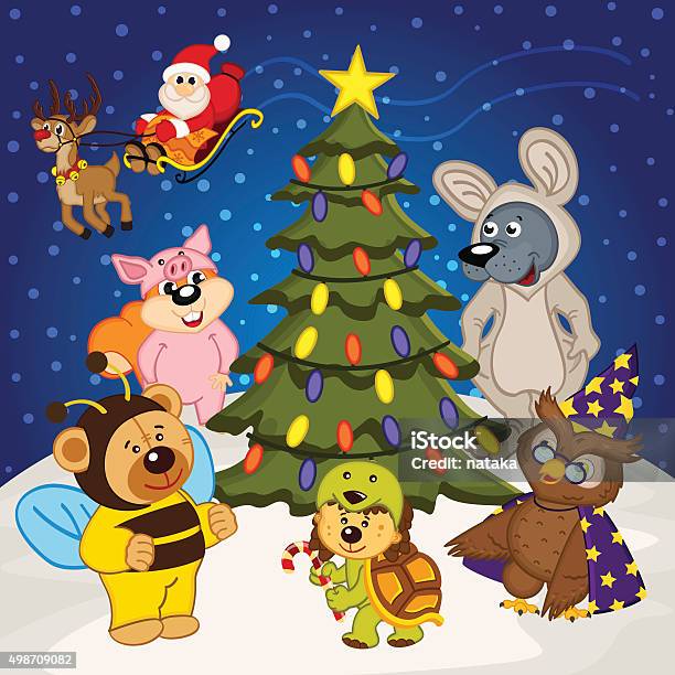 Animal Around Christmas Tree Stock Illustration - Download Image Now -  Santa Claus, 2015, Activity - iStock
