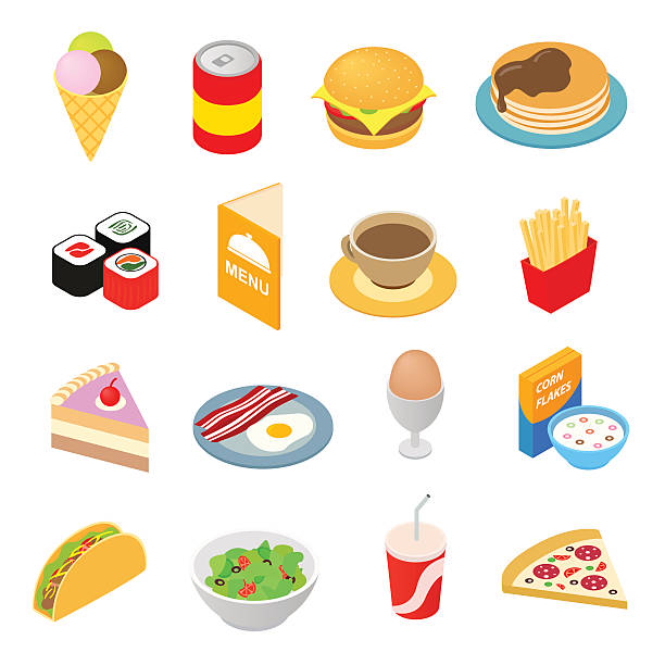 fast food isometric 3d-icons set - hamburger schnellgericht stock-grafiken, -clipart, -cartoons und -symbole