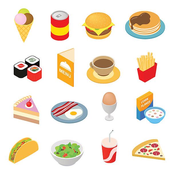 illustrazioni stock, clip art, cartoni animati e icone di tendenza di fast food isometrici set di icone 3d - cream ice symbol french fries