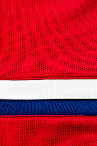 istock Red jersey fabric with blue and white stripes 498710694