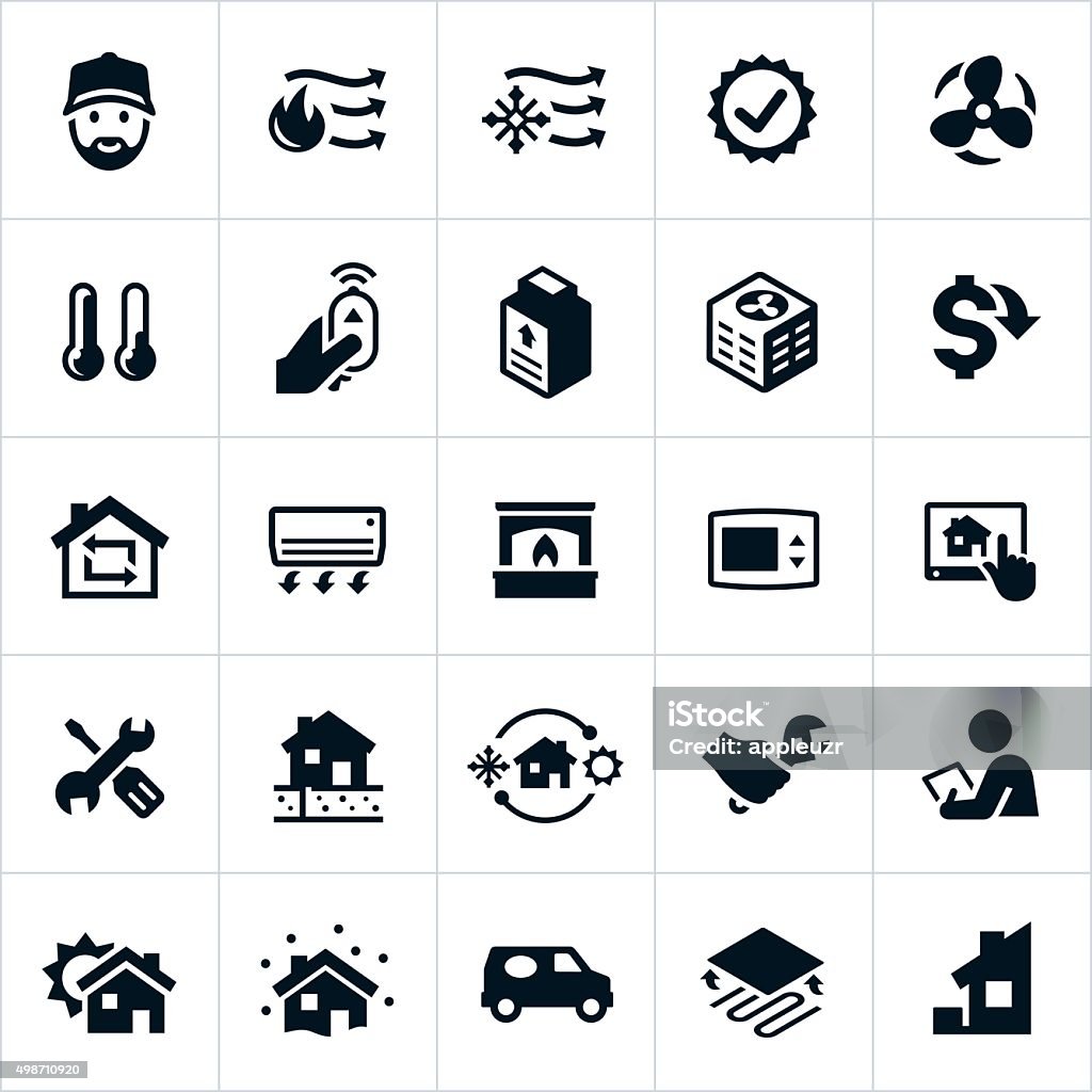 Home Heating and Cooling Icons Icons related to the heating and cooling (HVAC) of a home. The icons include common symbols related to the HVAC industry such as an air conditioner, furnace, repair man, radiant, thermostat and other related icons. Icon Symbol stock vector