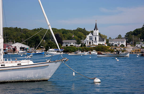 View on Boothbay Harbor, Maine waterfront stock photo