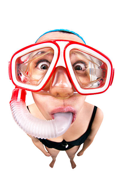 Fisheye Woman with mask and Snorkeling. Snorkeling, swimming, vacation concept isolated on white background.