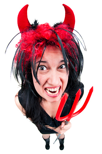 Fisheye Woman Wearing Devil Costume with devilish horns and trident.