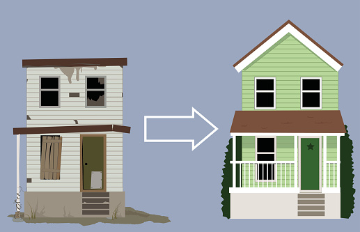 Old, rundown house turned into a nice new two-storey home, EPS 8 vector illustration