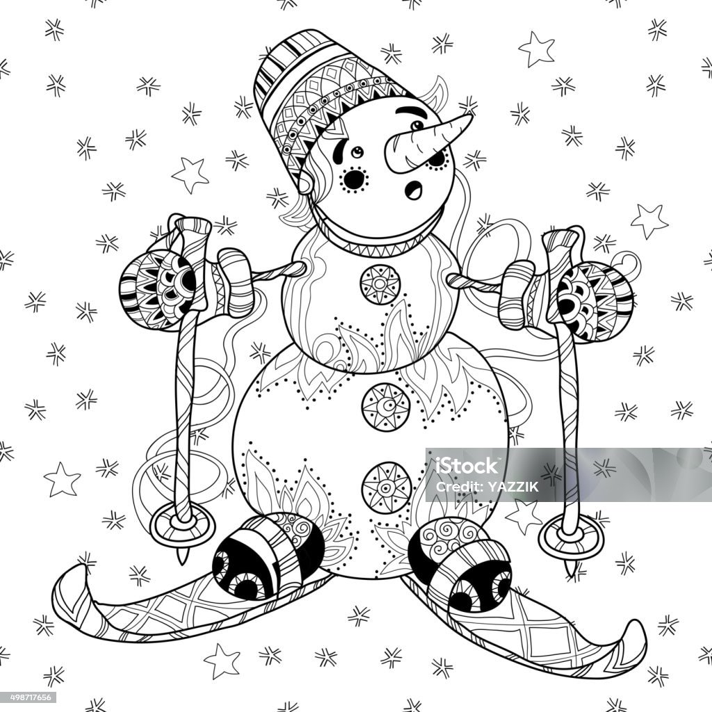 doodle hand drawn Christmas Snowman ski. doodle hand drawn Snowman ski on white background. Christmas vector seamless pattern. 2015 stock vector