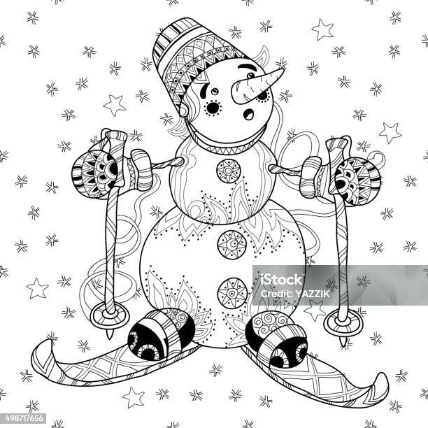 Doodle Hand Drawn Christmas Snowman Ski Stock Illustration - Download Image Now - 2015, Backgrounds, Carrot