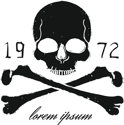 Skull and crossbones vintage black emblem. Print grunge vector illustration