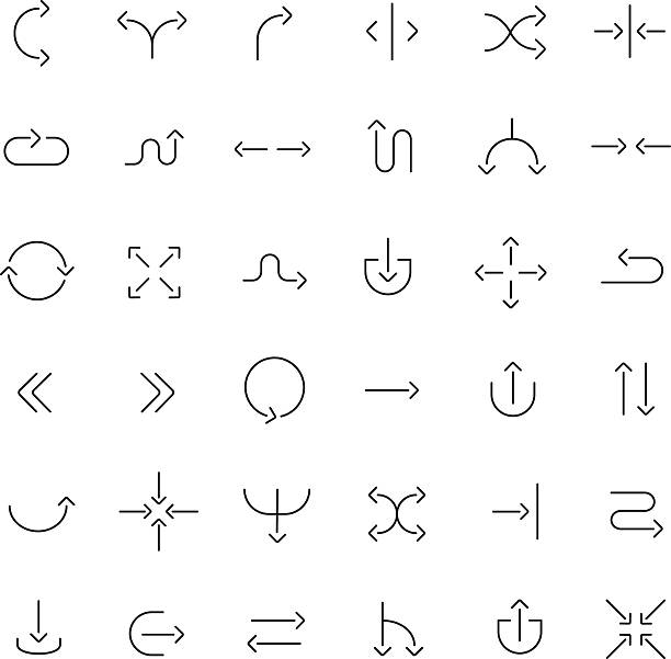 Arrows set. Thin line Arrows set. Thin contour line. Navigation way pointers. Curve outline vector icons isolated on white resize stock illustrations