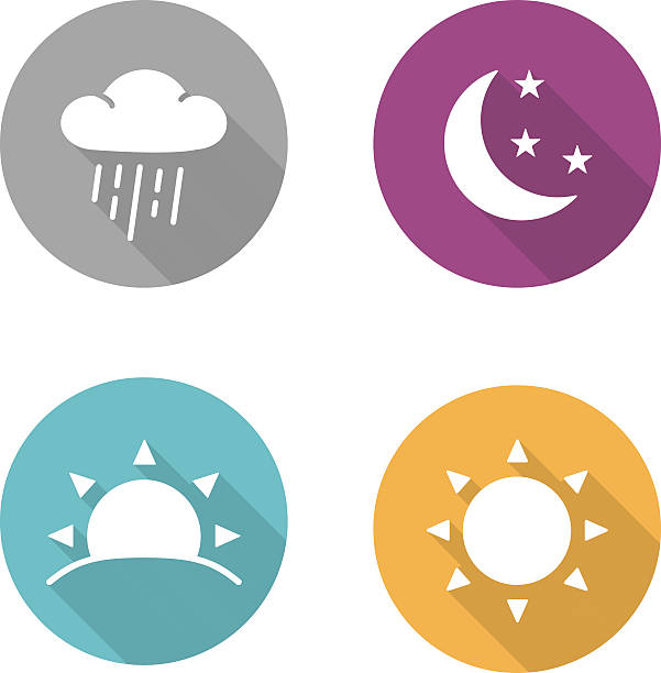 Times of day flat design icons set Times of day flat design icons set. Sunrise and sunshine long shadow white silhouettes illustrations. Sunny and rainy day round infographics elements with raining cloud and sun. Vector symbols moon icons stock illustrations
