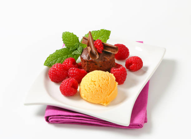 istock Mini chocolate cake with fresh raspberries and ice cream 498729459