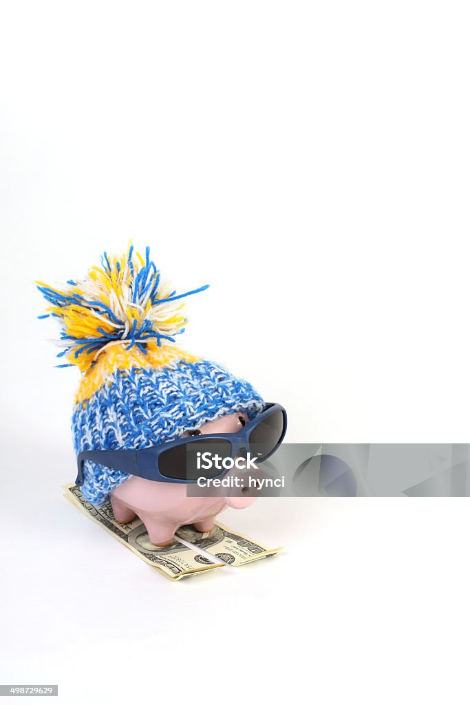 Piggy bank with hat standing on skies of hunderd dollars Winter piggy bank with hat with pom-pom standing on skies of greenback hunderd dollars with sunglasses on white background Piggy Bank Stock Photo