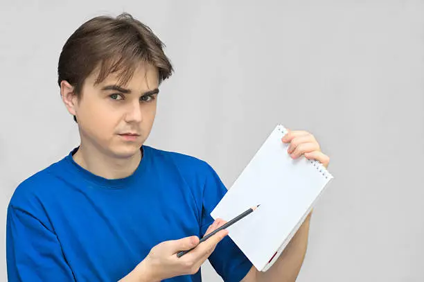 European man presents project on notebook