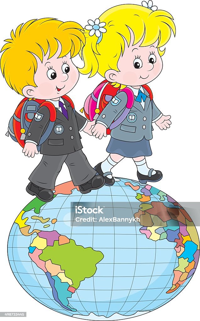 Schoolchildren going on a globe Schoolgirl and schoolboy walking together on a big globe Back to School stock vector