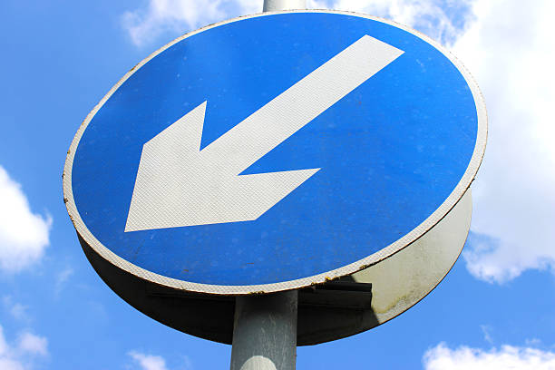 istock Road sign, white arrow on blue circle, 'Keep Left' sign 498733527
