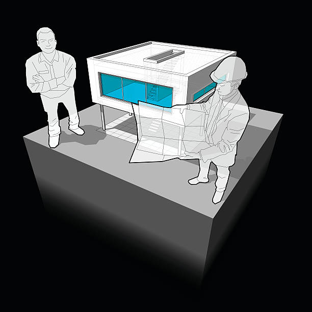 ilustrações de stock, clip art, desenhos animados e ícones de casa moderna e arquiteto com satisfação do cliente - functionalistic architecture flat roof built structure house