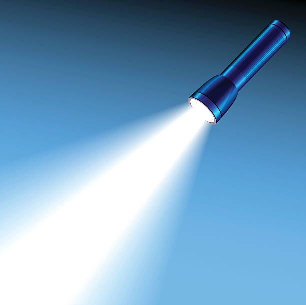 Glowing pocket torch light Focused glowing pocket torch light on blue background electric torch stock illustrations