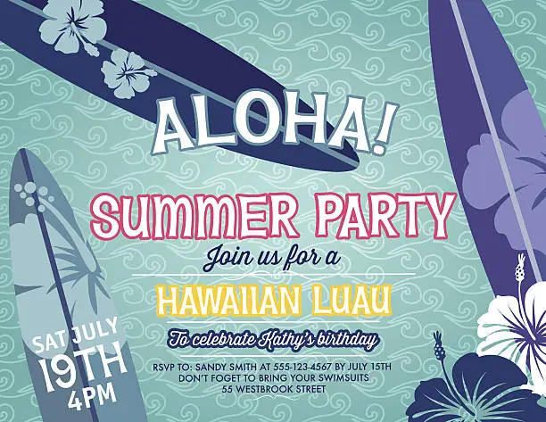 Vector illustration of Summer party invitation with an aloha surfing theme.