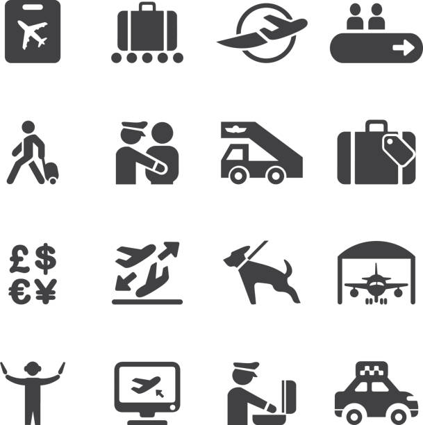 illustrazioni stock, clip art, cartoni animati e icone di tendenza di aeroporto di icone 2/eps10 silhouette - commercial airplane finance airplane private airplane
