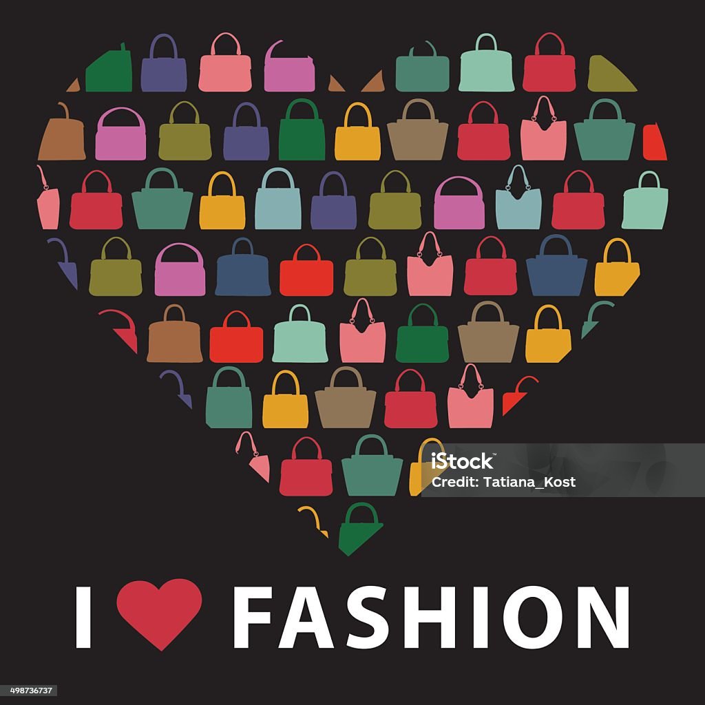 Colorful silhouettes women's handbags.Composition in form of hea Set of compositions  in form of heart. Colorful silhouettes women's handbags.Proverb "I love faschion" Fashion illustration,vector Abstract stock vector