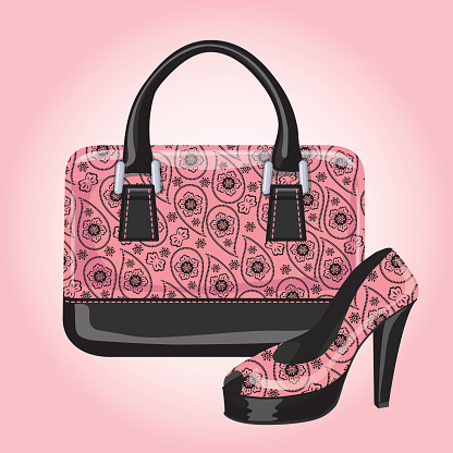The composition of combined colors handbag with high heel shoes.Gorgeous set of Paisley pattern ,lacquered leather.Fashion Vector illustration.