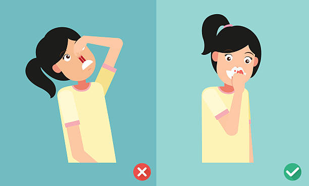 wrong and right for first aid for nasal bleeding wrong and right for first aid for nasal bleeding, illustration, vector bloody nose stock illustrations
