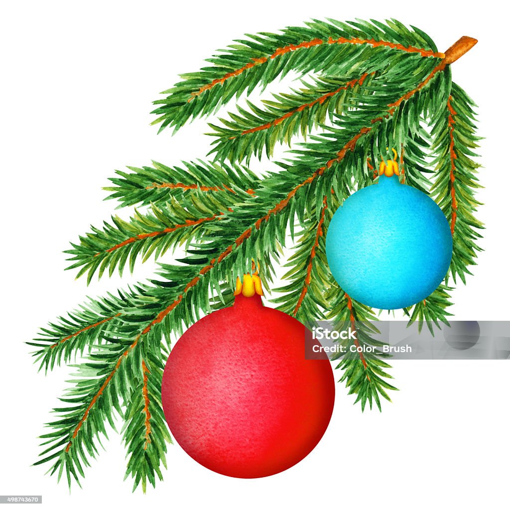 Watercolor fir tree, spruce branch, balls Watercolor fir tree, spruce branch, balls. Closeup isolated on white background. Christmas decoration. Hand painting on paper 2015 stock illustration