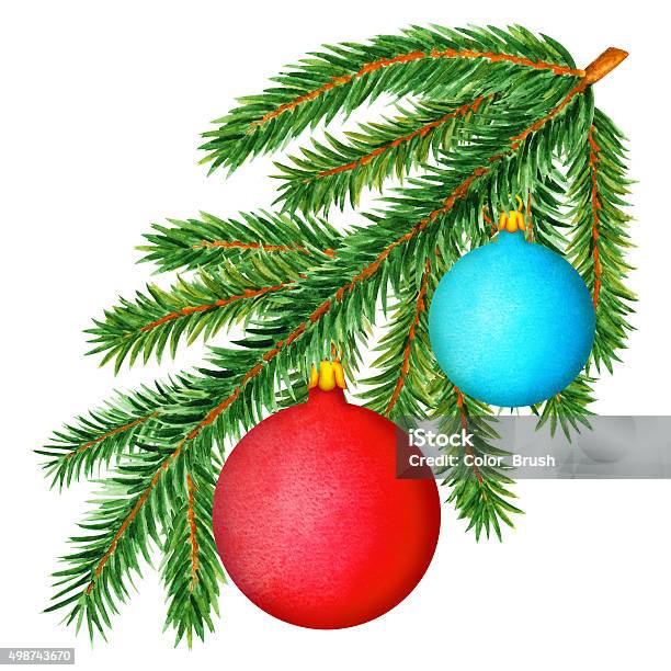 Watercolor Fir Tree Spruce Branch Balls Stock Illustration - Download Image Now - 2015, Backgrounds, Blue