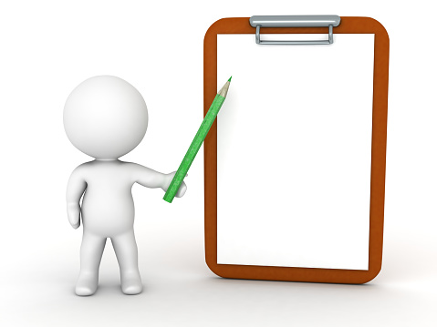 3D character showing a clipboard with a pencil. Isolated on white.