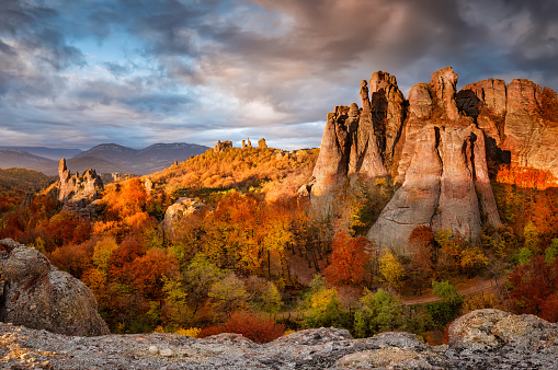 Magnificent morning view of the Belogradchik rocks in Bulgaria, lit by the autumn sun