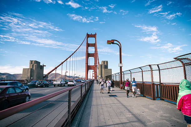 San Francisco, USA - September 25, 2015: Visitors walk on the Golden Gate Bridge, a suspension bridge spanning the Golden Gate strait between San Francisco Bay and the Pacific Ocean.