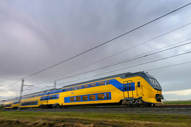train driving in a rural landscape during a dark day - ns stockfoto's en -beelden