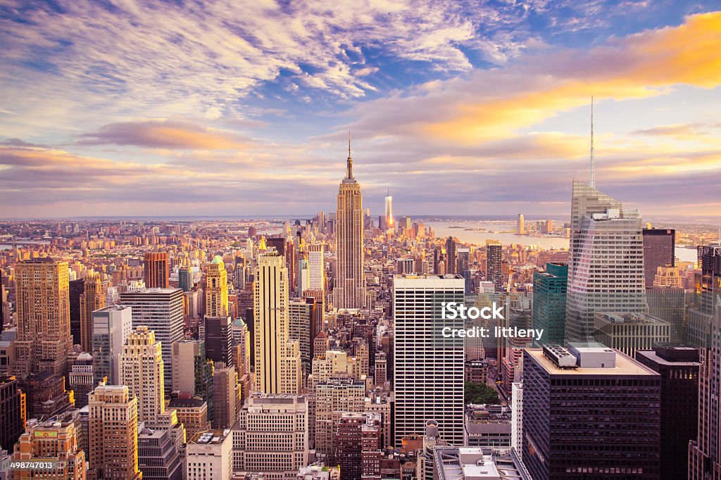 New York City View Sunset aerial view of New York City looking over midtown Manhattan towards downtown. New York City Stock Photo