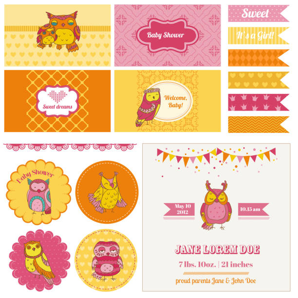 ilustrações de stock, clip art, desenhos animados e ícones de chá de bebé coruja festa conjunto-para scrapbook e design - owl baby shower spring young animal