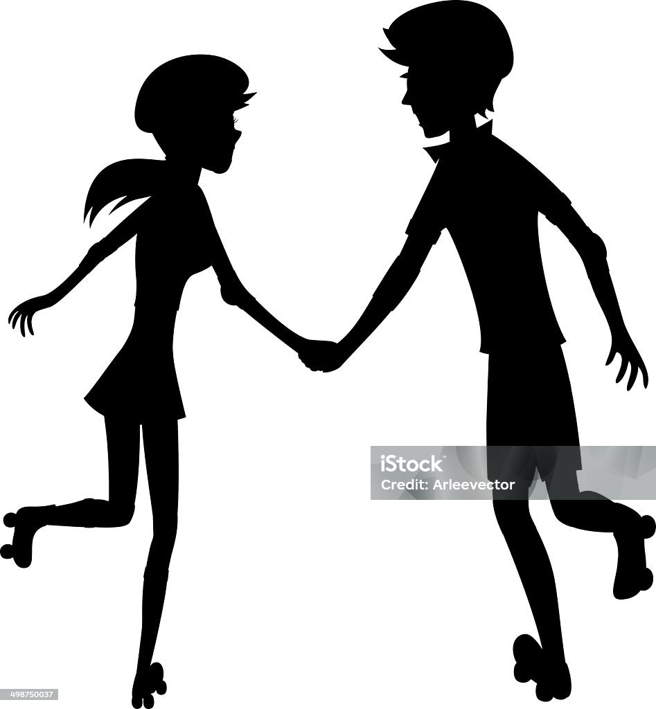 Happy roller-skating couple (silhouette) Silhouette of a young couple is holding hands while skating together Adult stock vector