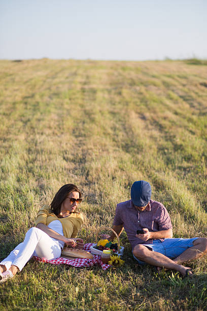 istock Couple on meadow with mobile phone 498752193