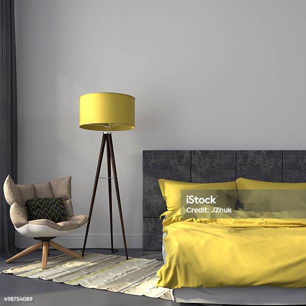 Gray Bedroom And Yellow Decor Stock Photo - Download Image Now - Yellow, Gray Color, Home Decor