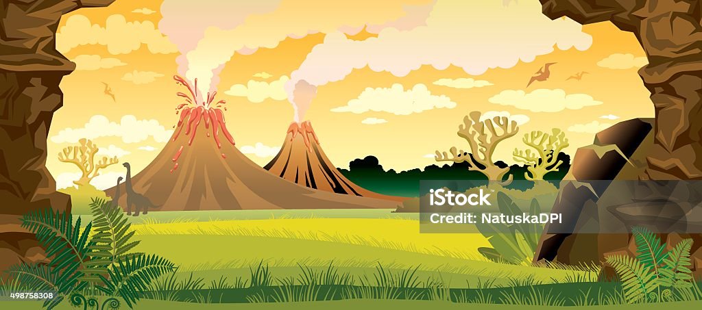 Prehistoric landscape with volcanoes. Prehistoric landscape - volcanoes with smoke, green grass, cave and walls of rock. Vector nature illustration. Dinosaur stock vector