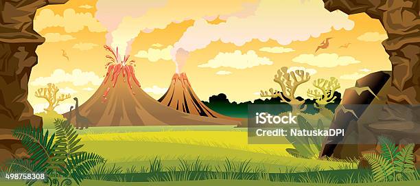 Prehistoric Landscape With Volcanoes Stock Illustration - Download Image Now - Dinosaur, Volcano, Landscape - Scenery