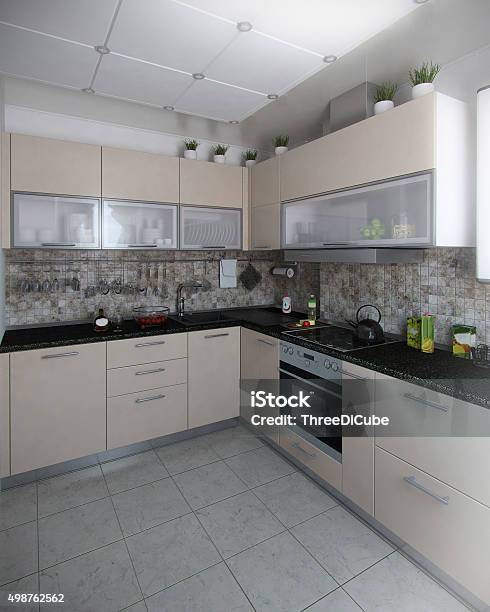 Modern Kitchen Interior Conservative Tones 3d Render Stock Photo - Download Image Now