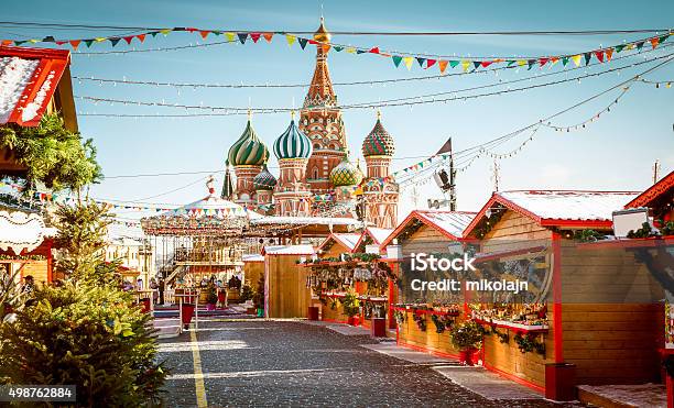 Christmas Village Fair On Red Square In Moscow Stock Photo - Download Image Now - Christmas, Winter, Moscow - Russia