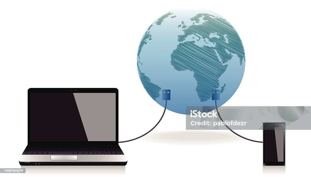 Internet Schematic of a computer and a mobile connected to internet Communication stock vector