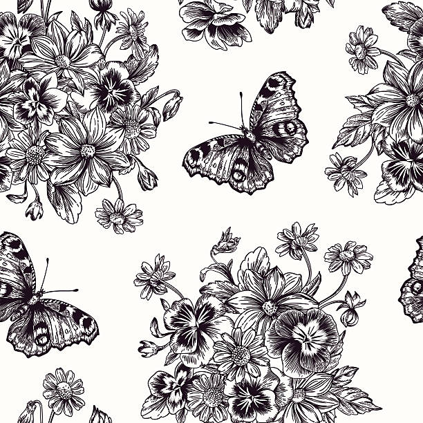 ilustraciones, imágenes clip art, dibujos animados e iconos de stock de patrón sin costuras con flores y mariposas. - chamomile entertainment nature leaf