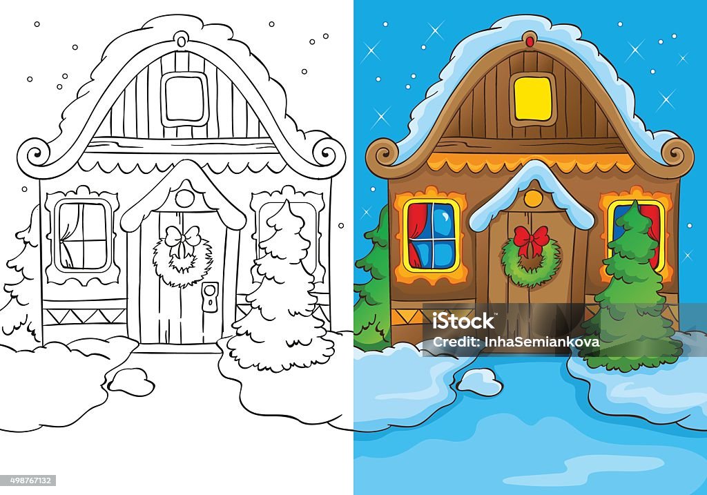 Coloring Book Of Christmas House At Night Vector illustration of Christmas house at night for coloring page for kids Christmas stock vector
