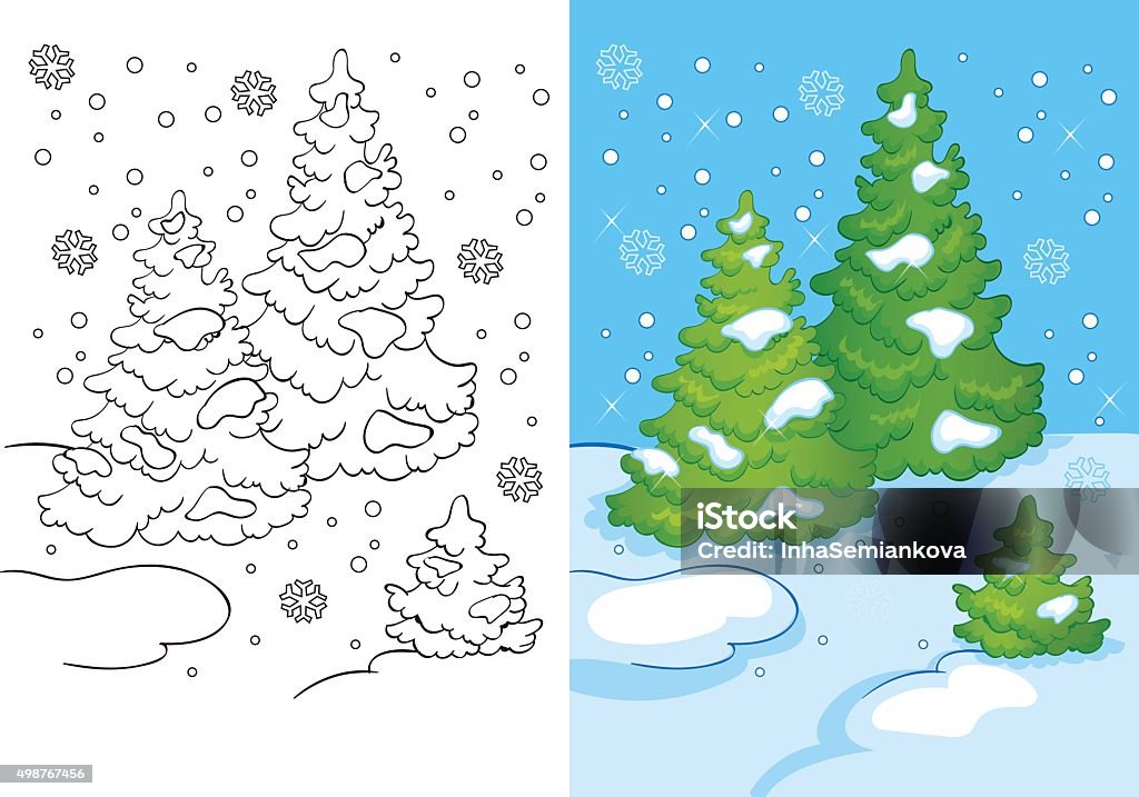 Coloring Book Of Three Trees In The Snow Vector illustration of three trees in the snow for coloring page for kids Coloring Book Page - Illlustration Technique stock vector