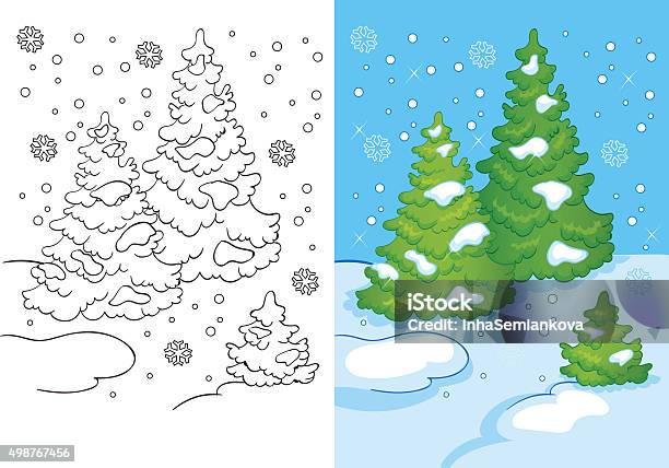 Coloring Book Of Three Trees In The Snow Stock Illustration - Download Image Now - Coloring Book Page - Illlustration Technique, Winter, Christmas