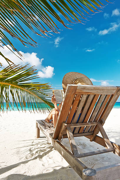istock Young woman reading a book at beach 498771595