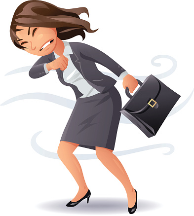 Vector illustration of a businesswoman with long brown hair and a briefcase facing strong headwinds. Concept for gender inequality, obstacles in workplace and promotions.